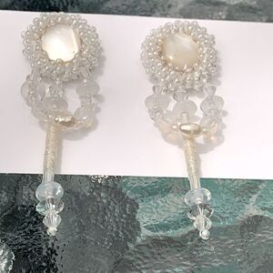 White Mother of pearl ab glass hand beaded dangling earrings pierced